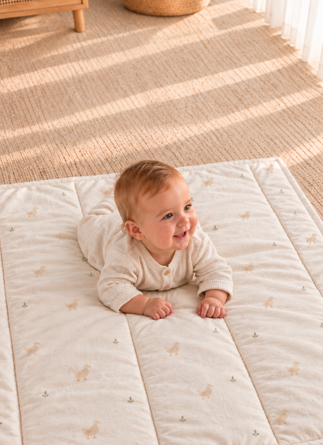 Catifa de joc per a nadó Ducky Days de cotó i llana natural – detall – Maison Theo
