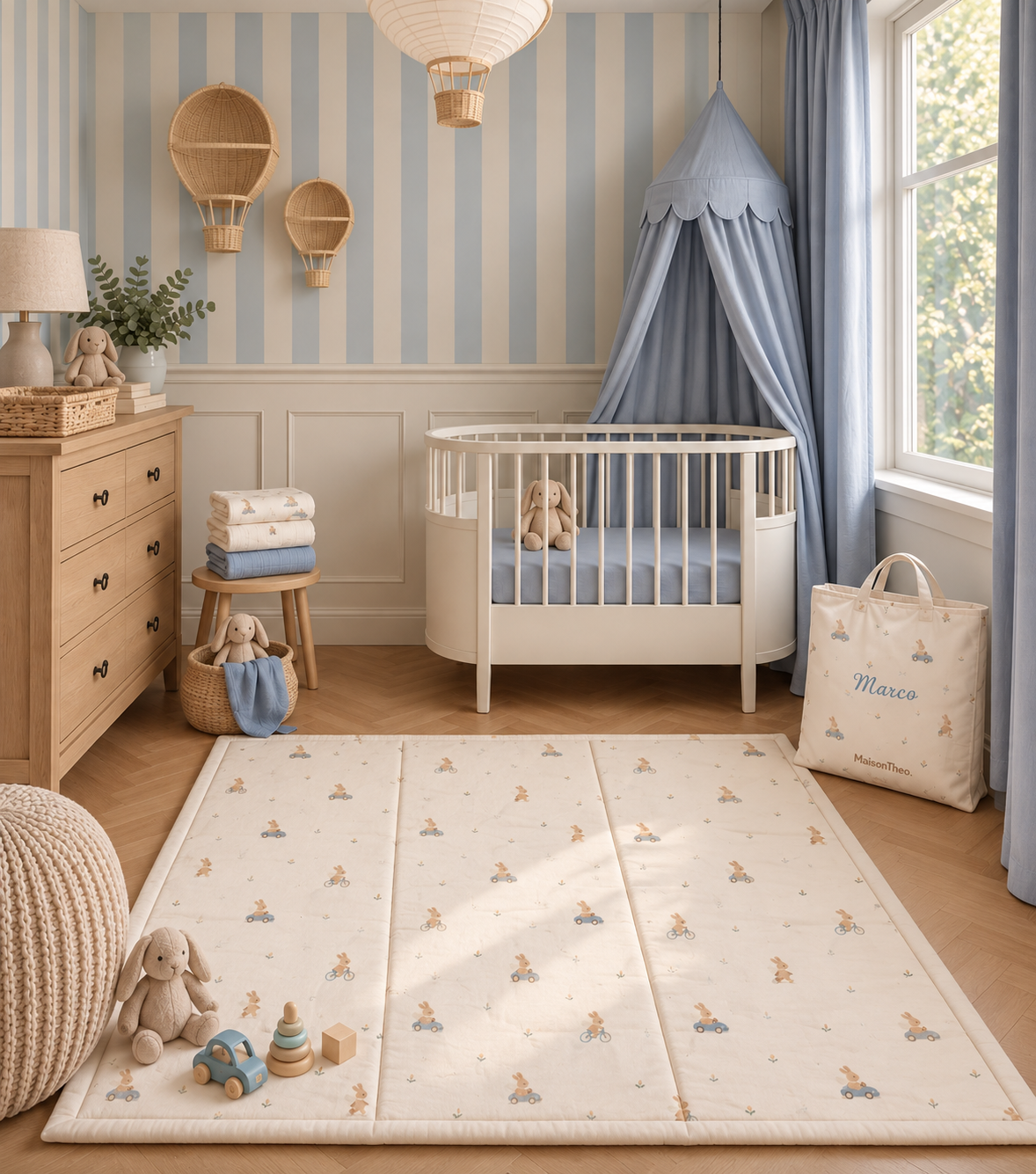 Catifa de joc per a nadó Bunny Rides de cotó i llana natural – vista 2 – Maison Theo